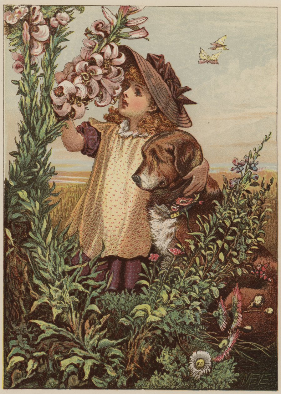 Fille avec un chien sentant des fleurs - Mary Ellen Edwards