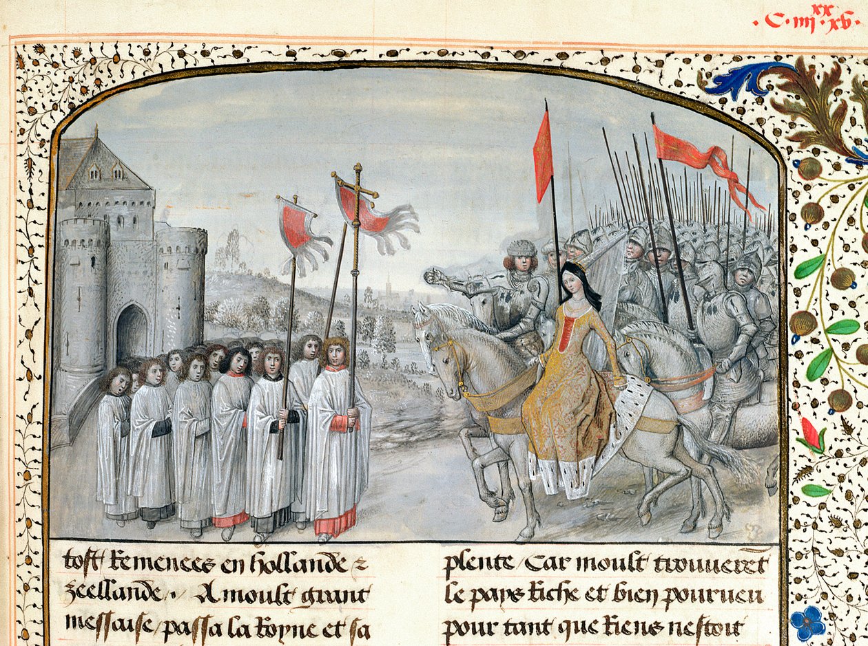 Ms 659 f.195. La reine Isabelle (1292-1358) de France et son fils Édouard III (1312-77) sont accueillis à Oxford en 1326, 1477 - Master of Mary of Burgundy