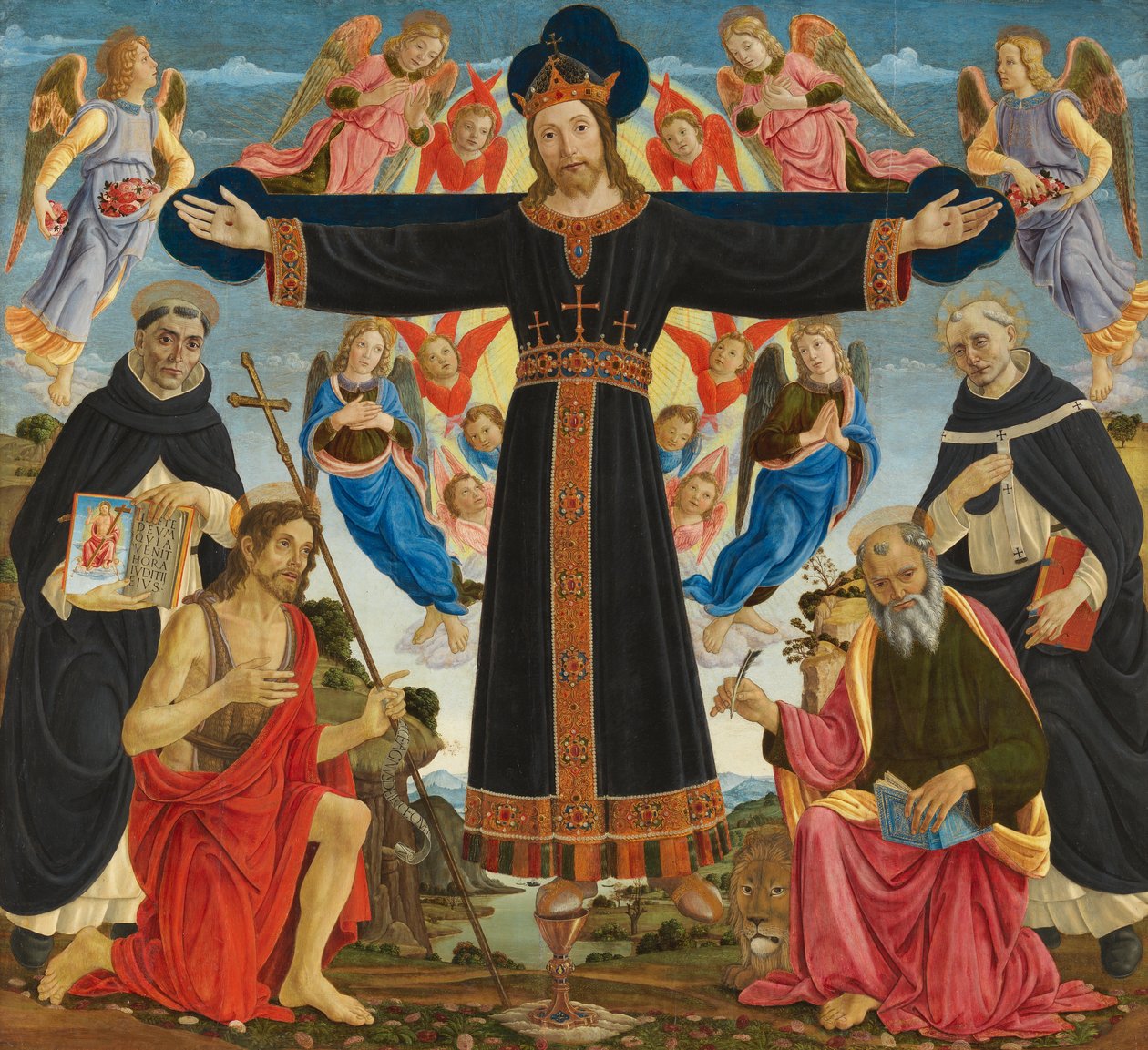 Christ en croix avec les saints Vincent Ferrier, Jean-Baptiste, Marc et Antoine, vers 1491-5 - Master of the Fiesole Epiphany