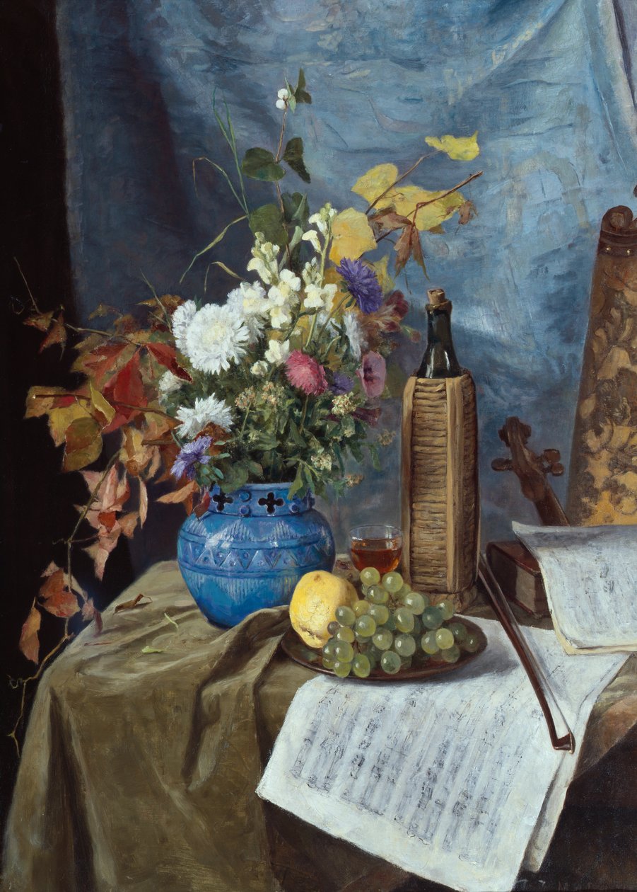 Arrangement avec bouteille de vin, fleurs et fruits - Mathilde Dietrichson
