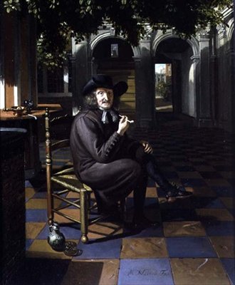Gentleman fumant dans une cour ombragée - Matthys Naiveu