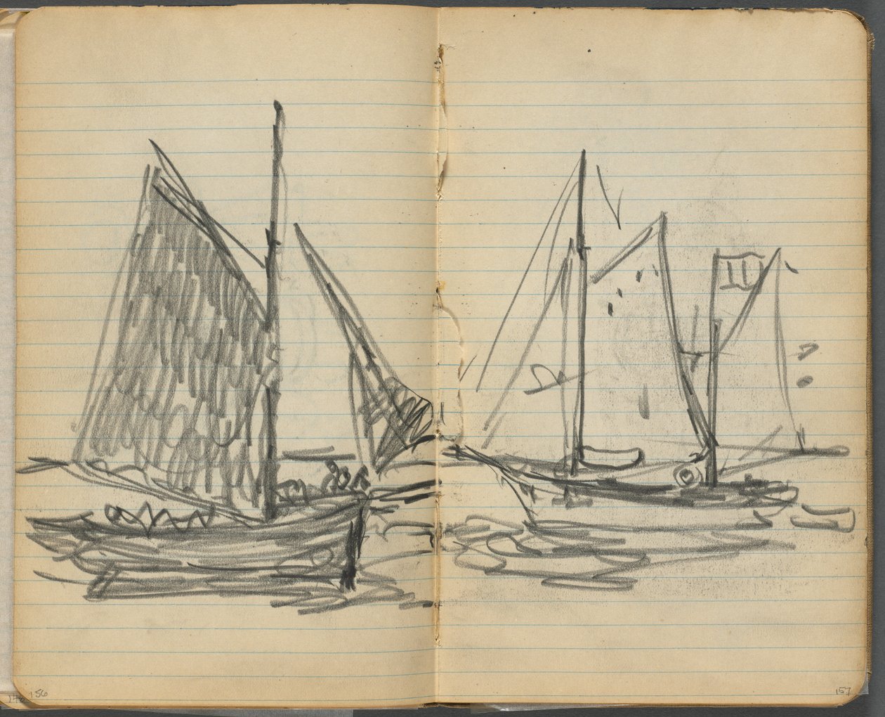 Carnet de croquis, pages 156 et 157 : Vue de voiliers - Maurice Prendergast