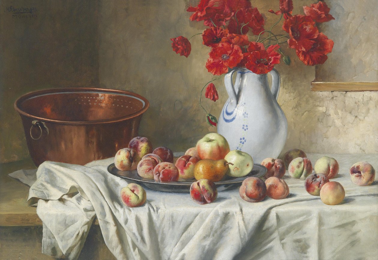 Nature morte avec pommes et coquelicots dans un pichet - Max Ebersberger