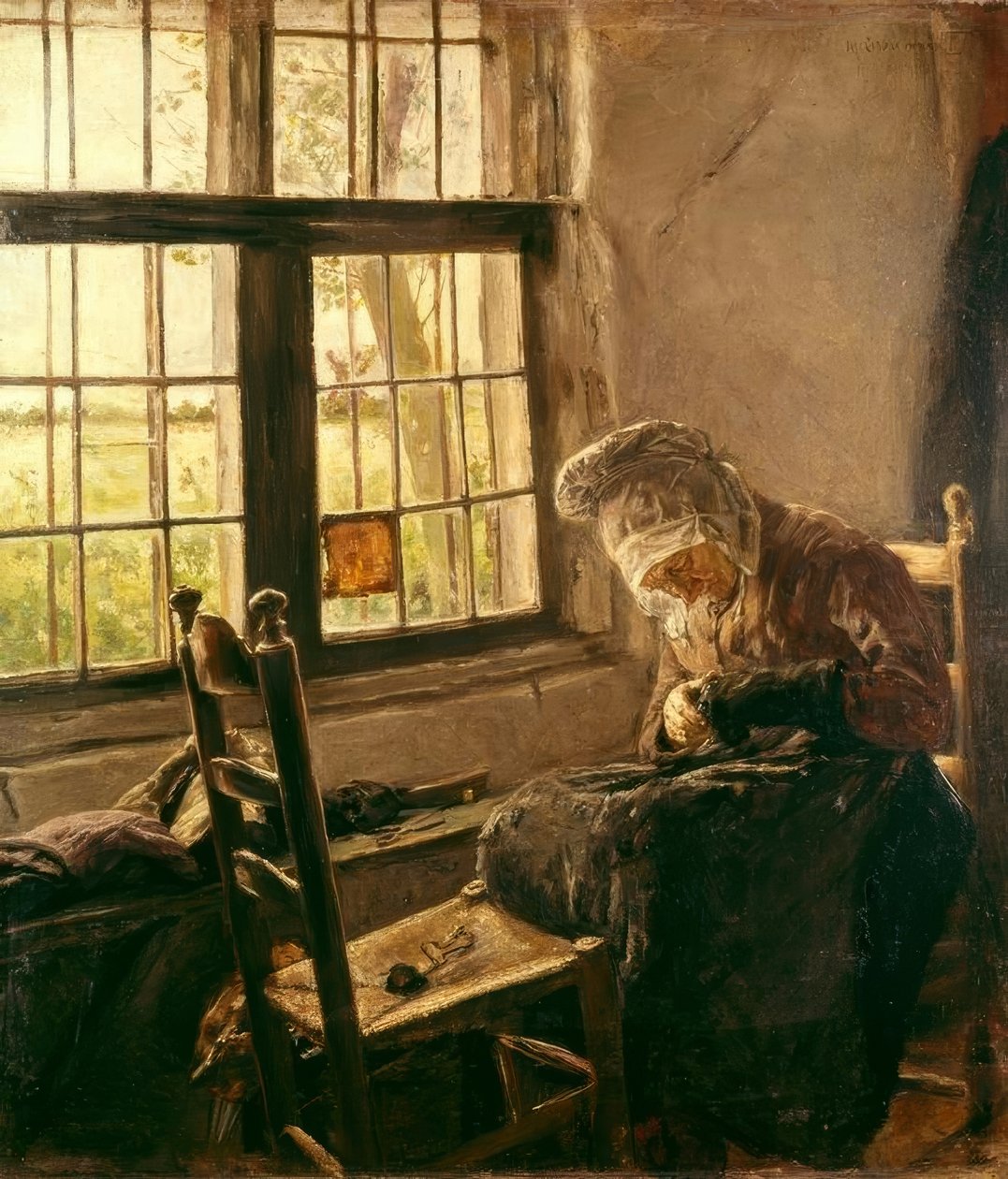 Vieille femme raccommodant à la fenêtre - Max Liebermann