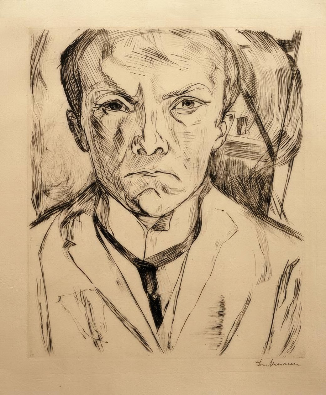 Autoportrait de face, avec pignon de maison en arrière-plan - Max Beckmann