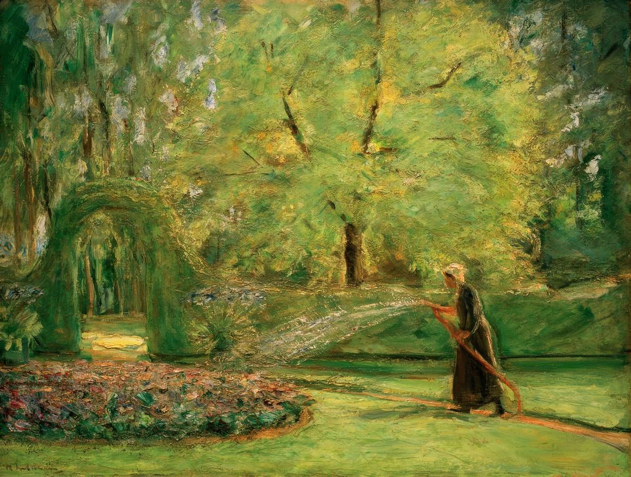 Le rond-point dans le jardin de haies avec arroseuse de fleurs - Max Liebermann