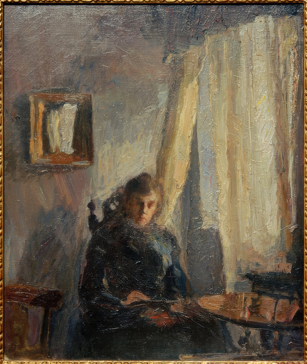 Intérieur Nini à la table avec rideau - Max Slevogt