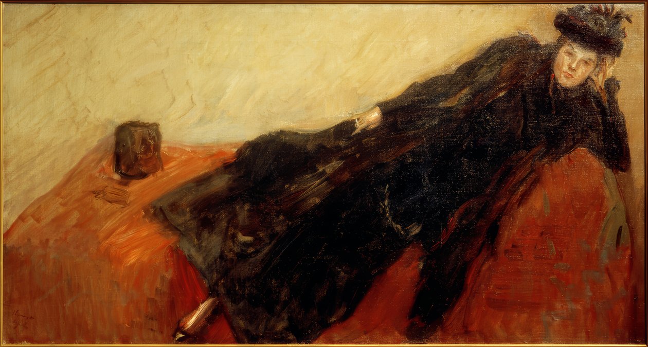 Nini en robe noire sur un canapé rouge - Max Slevogt