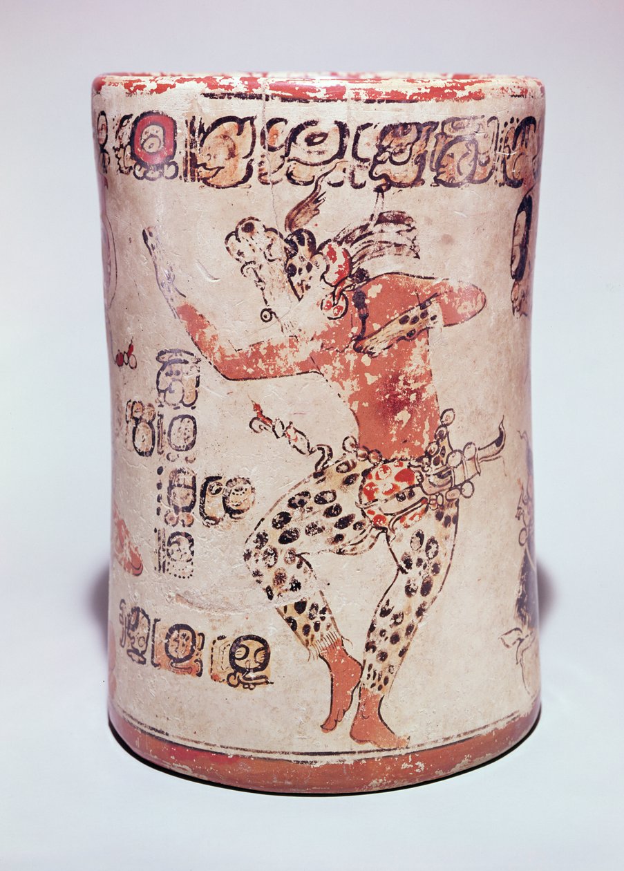 Jarre représentant un homme dansant portant des accessoires de jaguar, trouvée dans une tombe à Altar de Sacrificios, Maya classique - Mayan