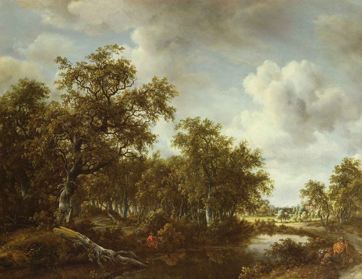 Paysage boisé avec un pêcheur près d