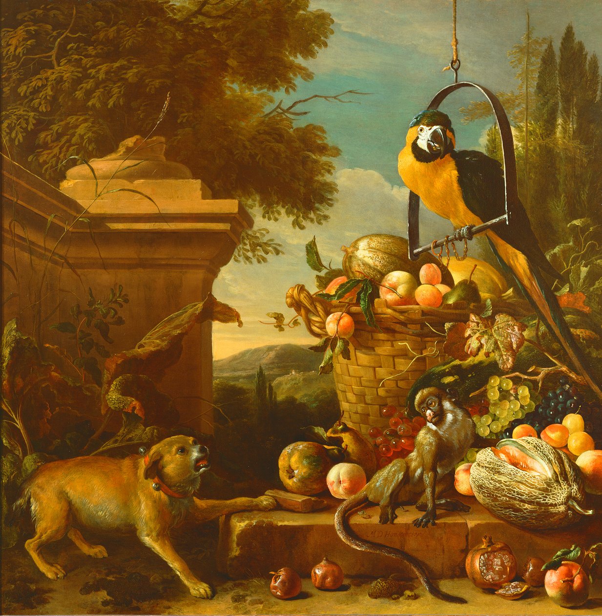Ara et un singe - Melchior de Hondecoeter