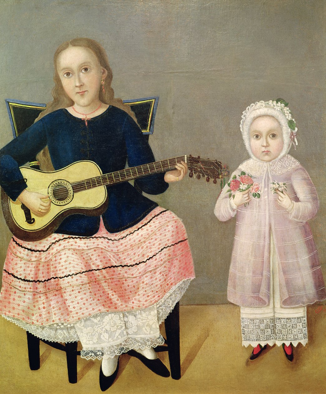 Jeune fille avec une guitare et enfant avec un bouquet - Mexican School