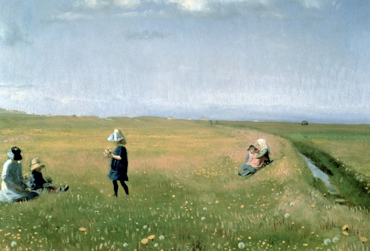 Enfants et jeunes filles cueillant des fleurs dans un pré au nord de Skagen - Michael Peter Ancher