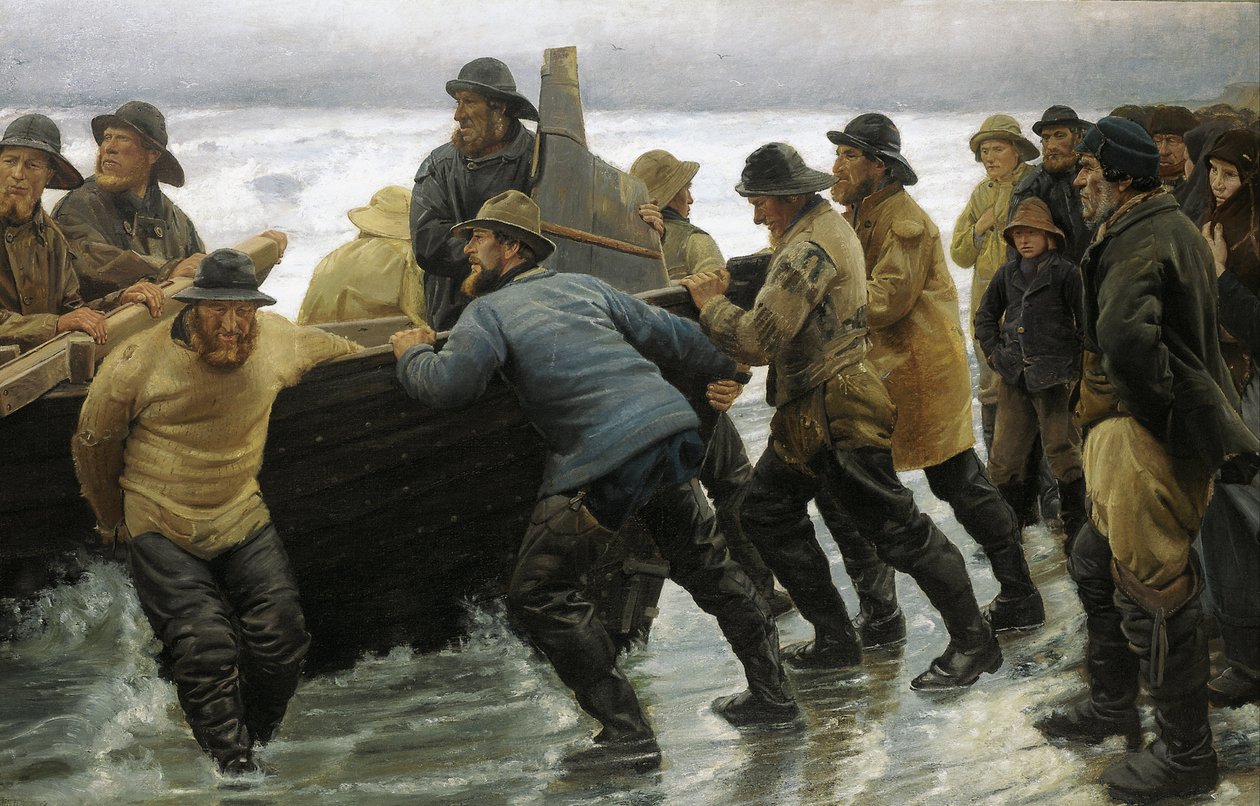 Pêcheurs lançant un bateau à rames - Michael Peter Ancher