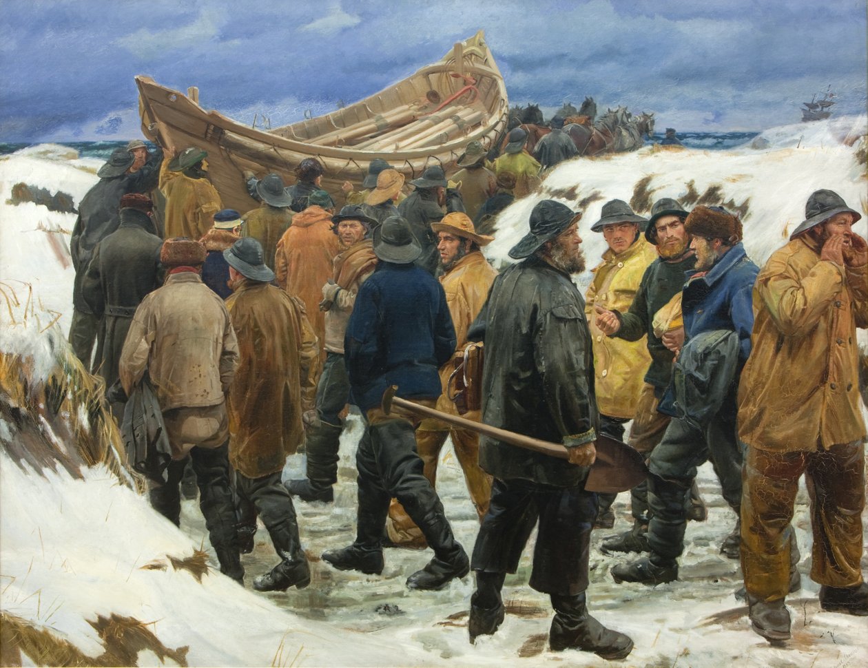 Le bateau de sauvetage est emmené à travers les dunes - Michael Ancher
