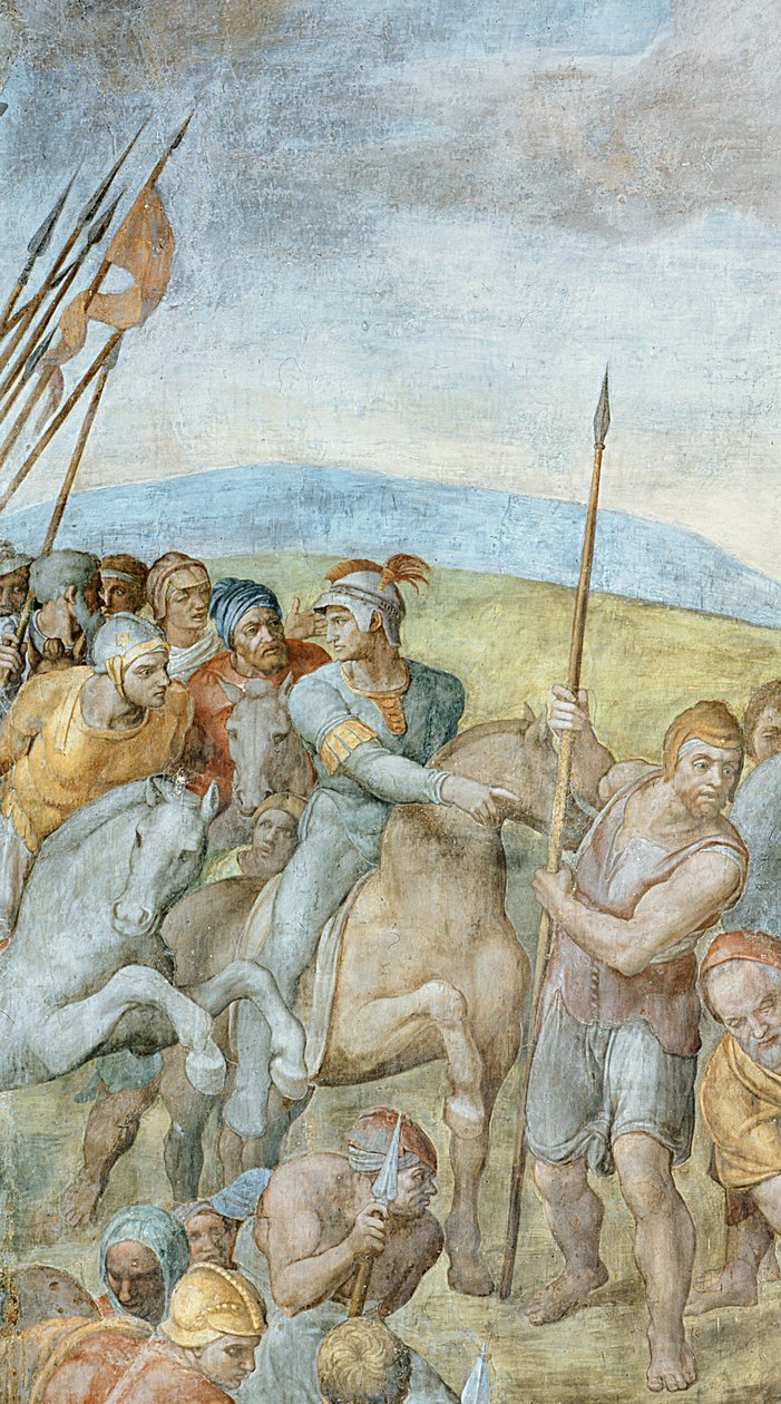 Groupe de soldats romains avec leur chef pointant vers Saint Pierre sur la croix (détail de la Crucifixion de Saint Pierre) - Michelangelo Buonarroti