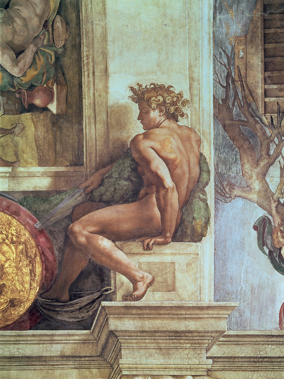 Ignudo du plafond de la chapelle Sixtine (avant restauration) - Michelangelo Buonarroti