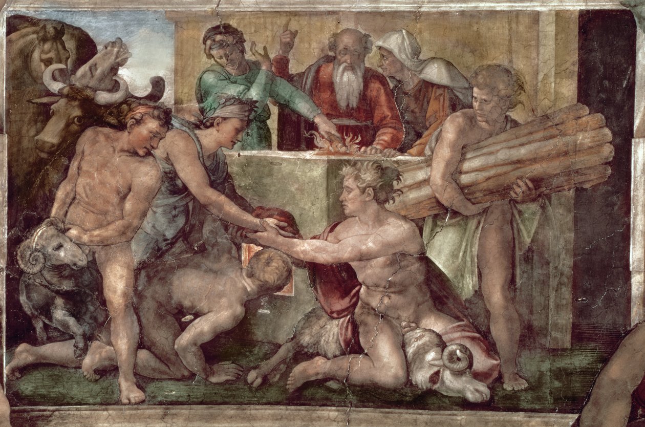 Plafond de la Chapelle Sixtine (1508-12) : Le Sacrifice de Noé (avant restauration) - Michelangelo Buonarroti