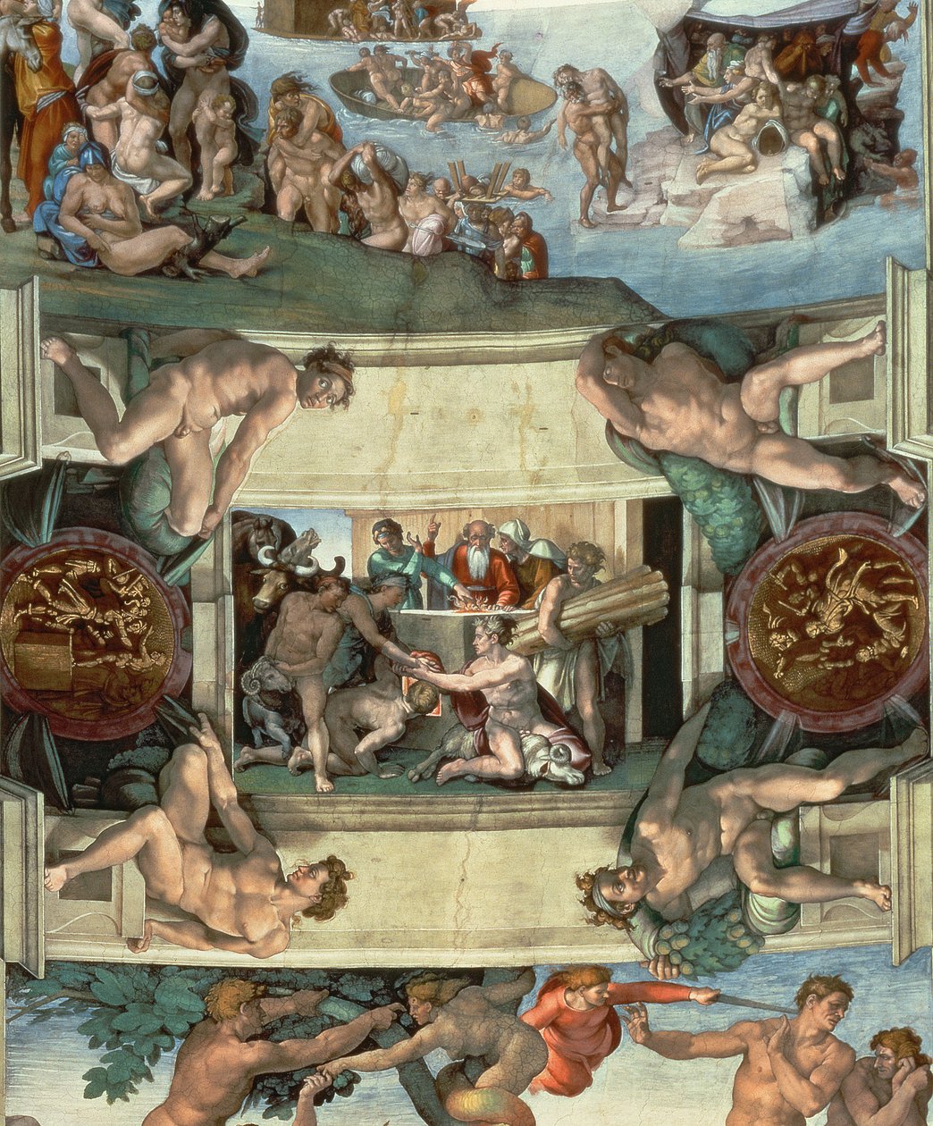 Plafond de la chapelle Sixtine (1508-12) : Le sacrifice de Noé, 1508-10 (après restauration) - Michelangelo Buonarroti