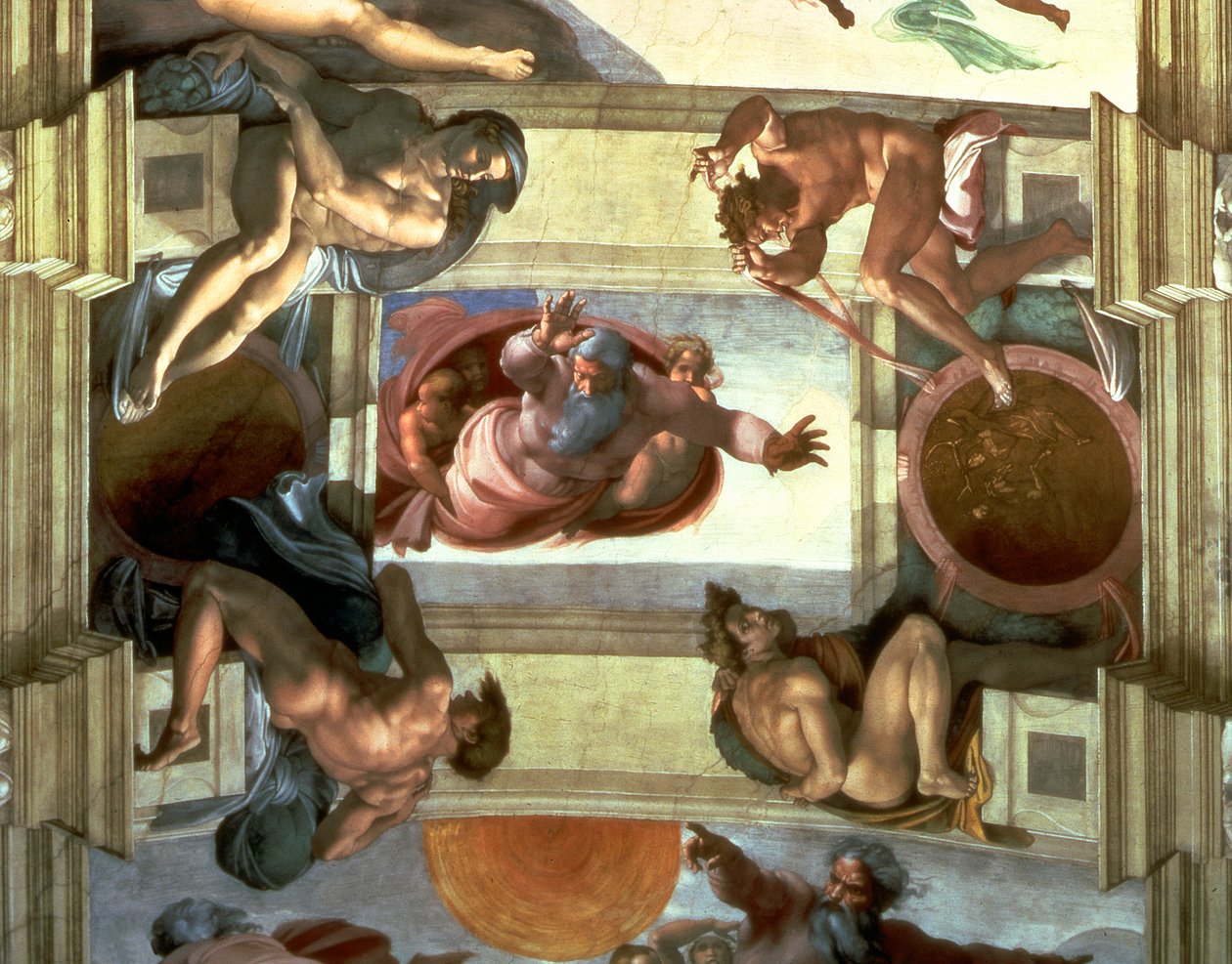 Plafond de la Chapelle Sixtine : Dieu séparant la Terre de la Mer, avec quatre Ignudi, 1510 (après restauration) - Michelangelo Buonarroti