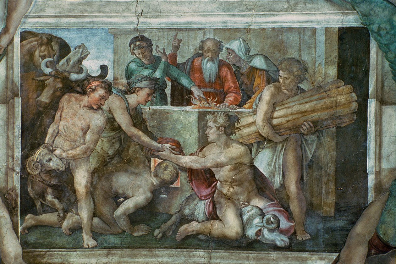 Plafond de la Chapelle Sixtine : Noé après le déluge (avant restauration) - Michelangelo Buonarroti