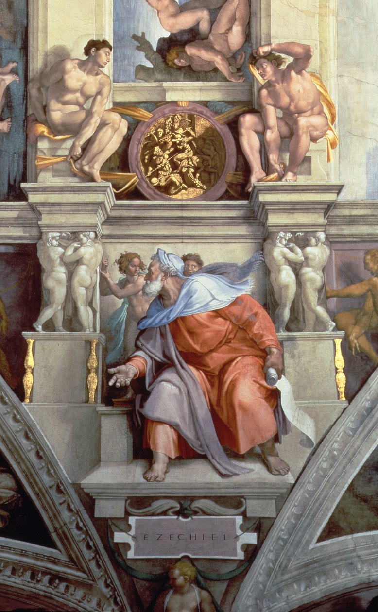 Plafond de la chapelle Sixtine : Le Prophète Ézéchiel, 1510 (après restauration) (détail) - Michelangelo Buonarroti