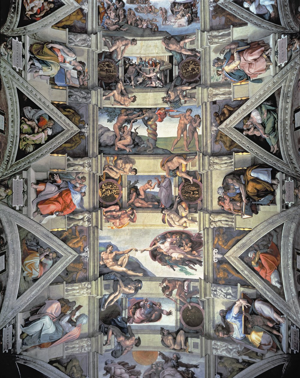 Plafond et lunettes de la chapelle Sixtine, 1508-12 (après restauration) - Michelangelo Buonarroti