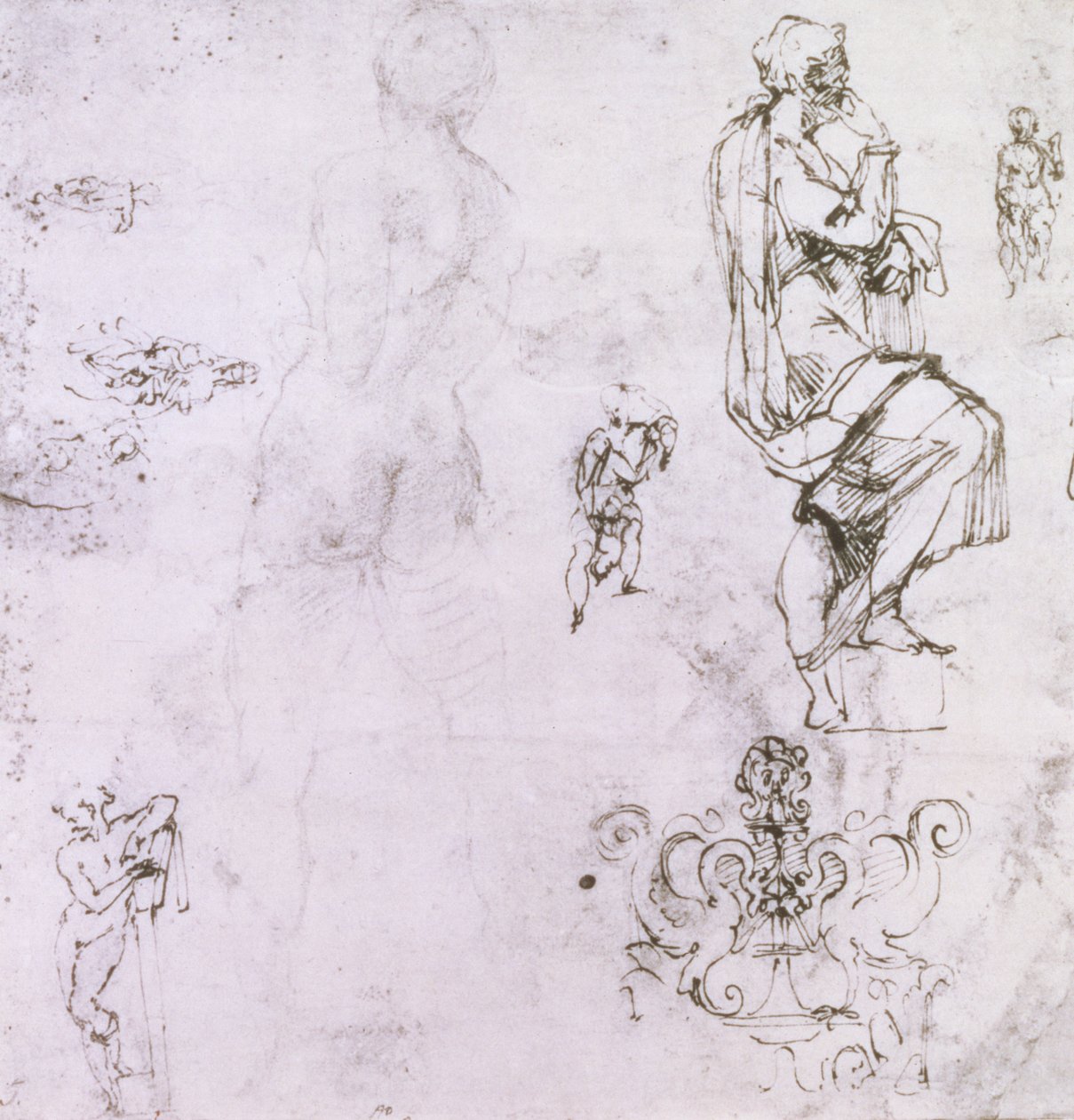 Esquisses de nus masculins, une madone et un enfant et un emblème décoratif - Michelangelo Buonarroti