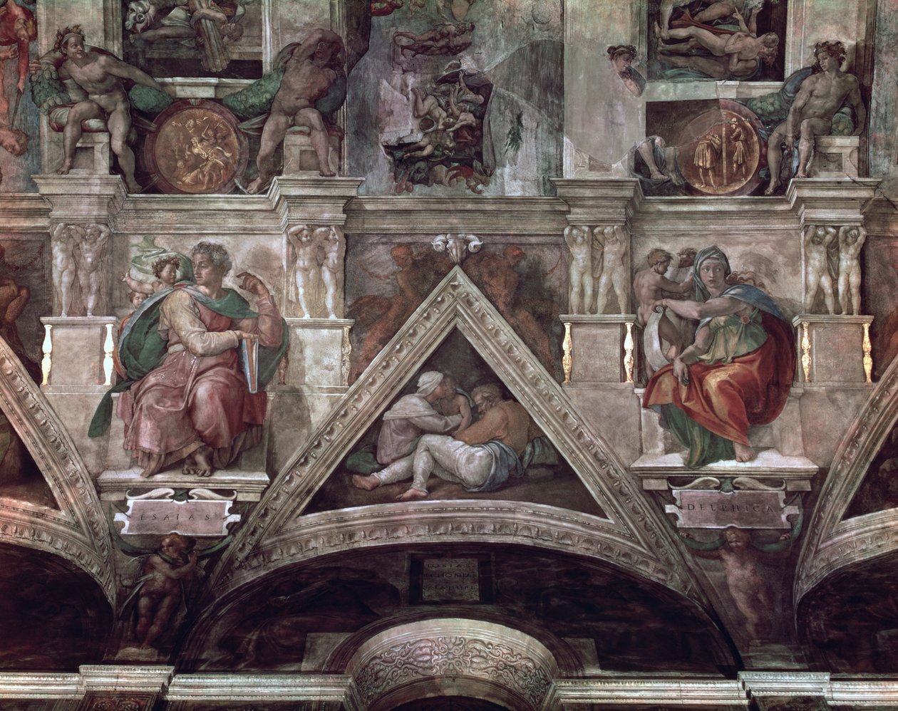 Le plafond de la chapelle Sixtine : Le prophète Isaïe et la Sibylle de Delphes (avant restauration) - Michelangelo Buonarroti
