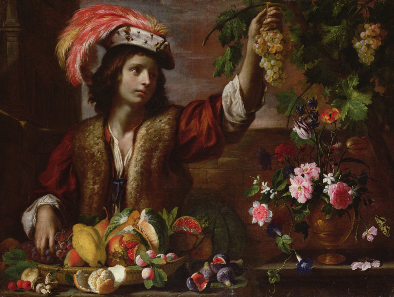 Jeune homme avec un chapeau à plumes et nature morte - Michelangelo Cerquozzi