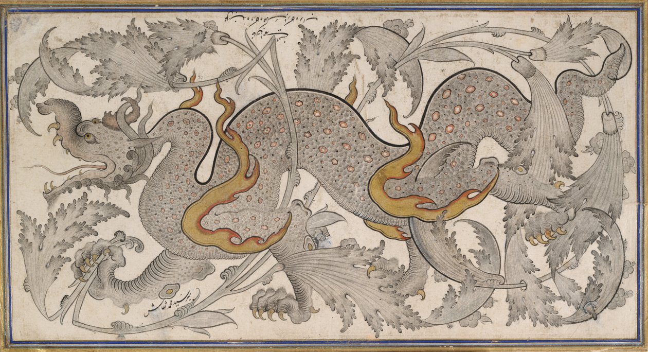 Dragon dans le feuillage (dessin, recto); calligraphie, (verso) - Mir Sayyid Muhammad Naqqash