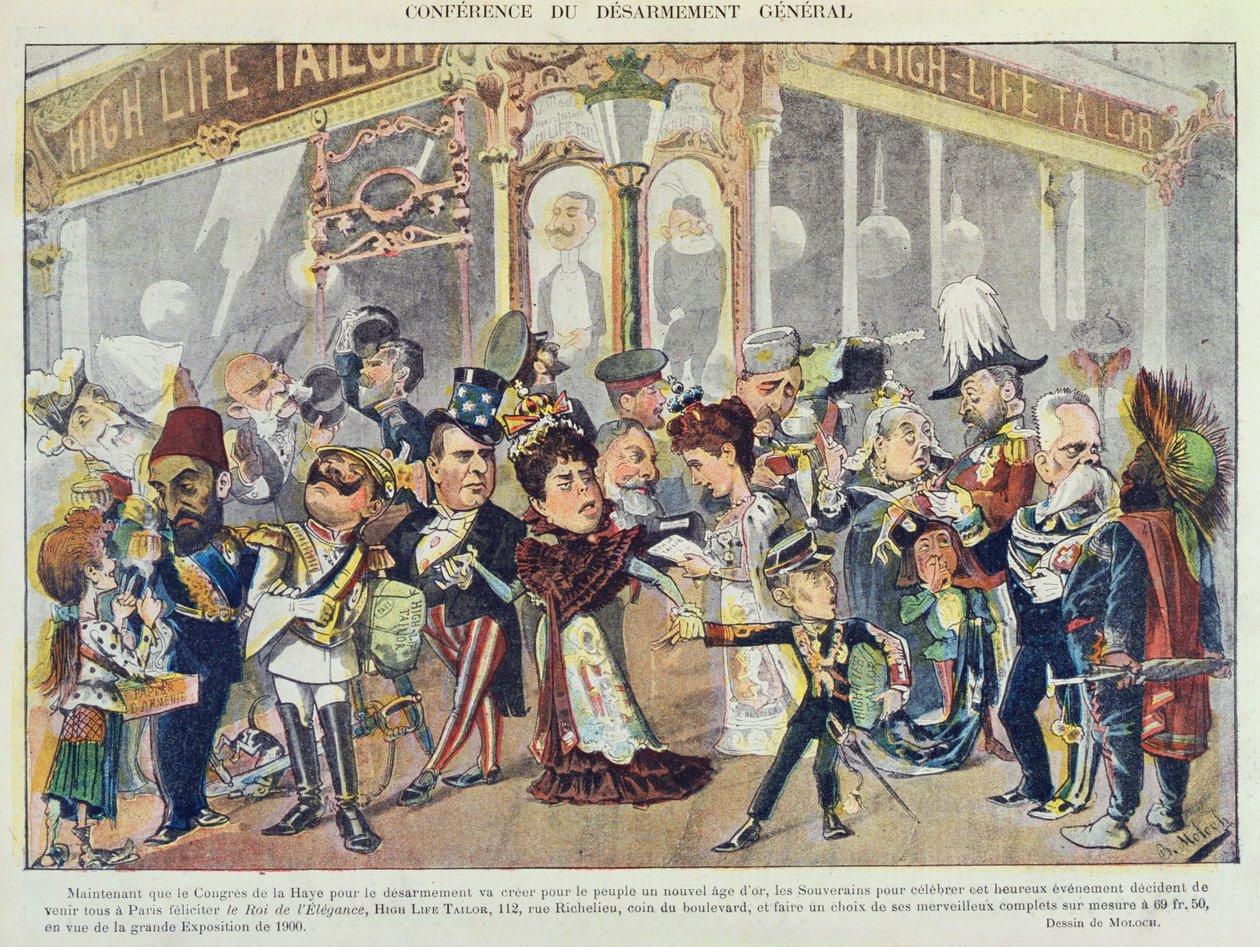 Publicité pour un tailleur parisien faisant référence à la Première Conférence de la Paix de La Haye de 1899, de 
