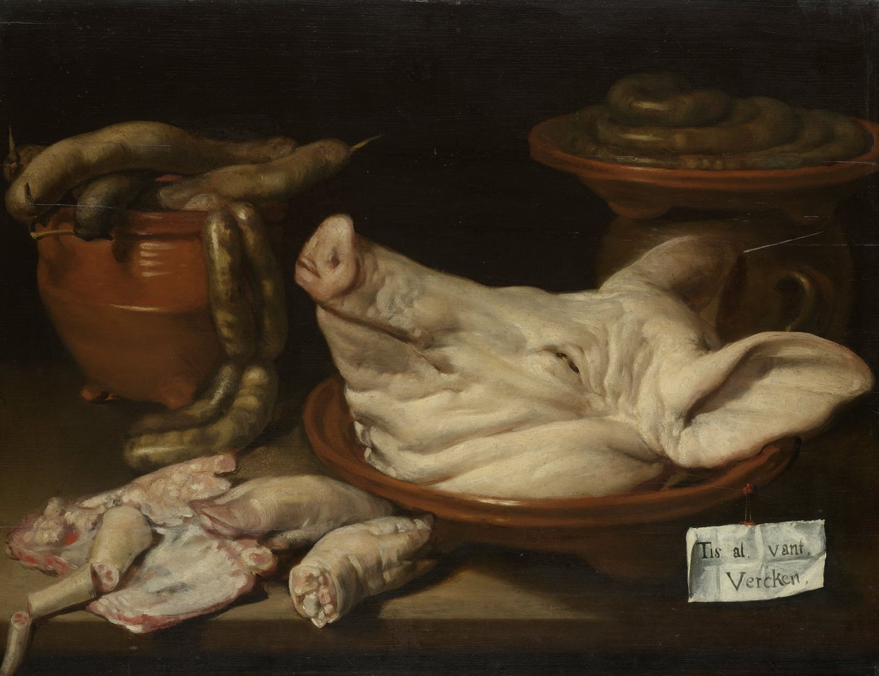 Nature morte avec tête de cochon, jarrets de porc et saucisse, vers 1650 - Monogrammist JVR