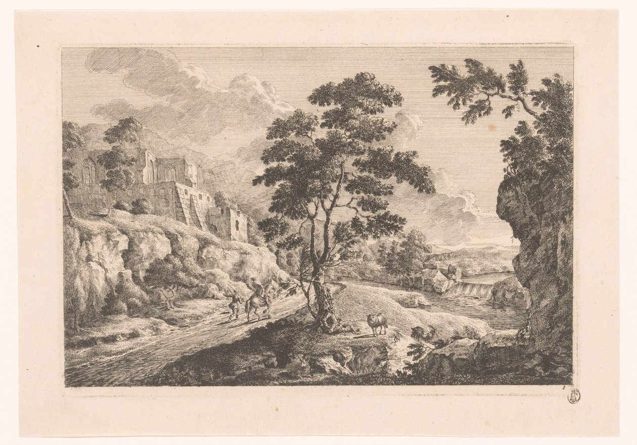 Paysage avec maisons sur une montagne - Monogrammist MEG