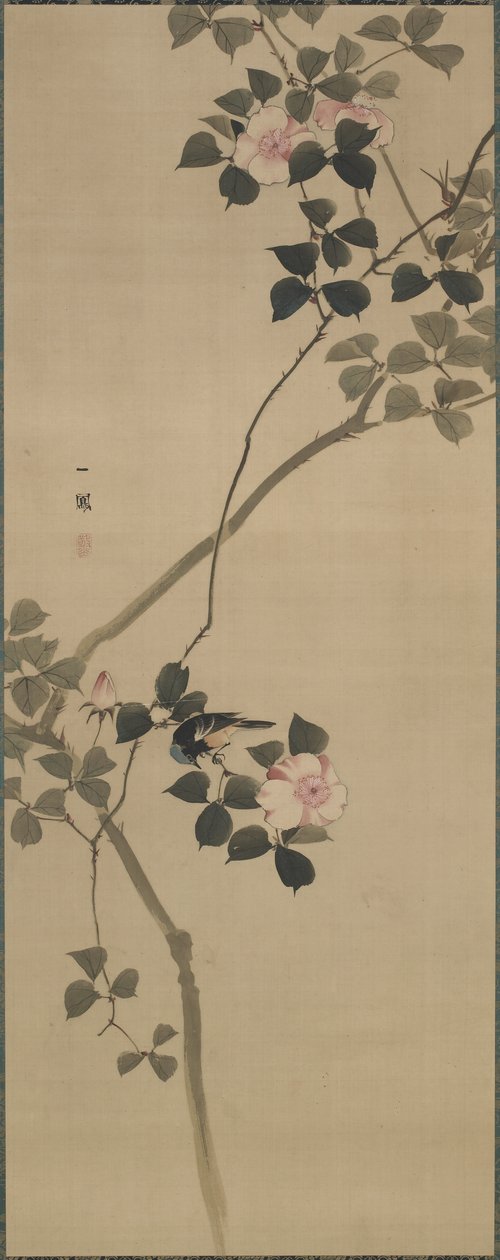 Rose sauvage et un oiseau, période Edo, 1615-1868 (couleur sur soie) - Mori Ippo