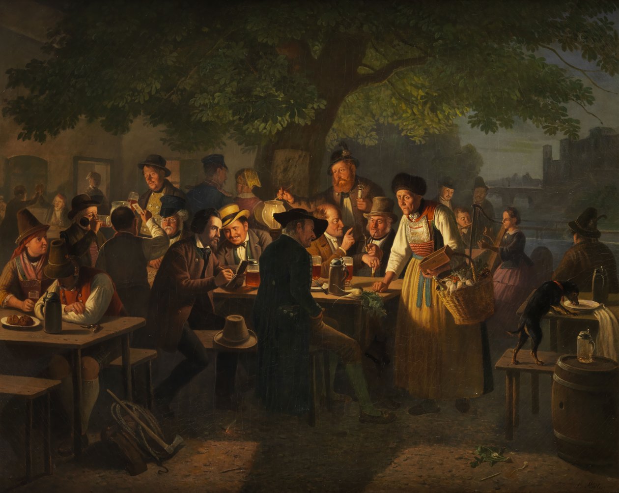 Scène de jardin à bière nocturne avec vieille vendeuse de radis - Moritz Muller