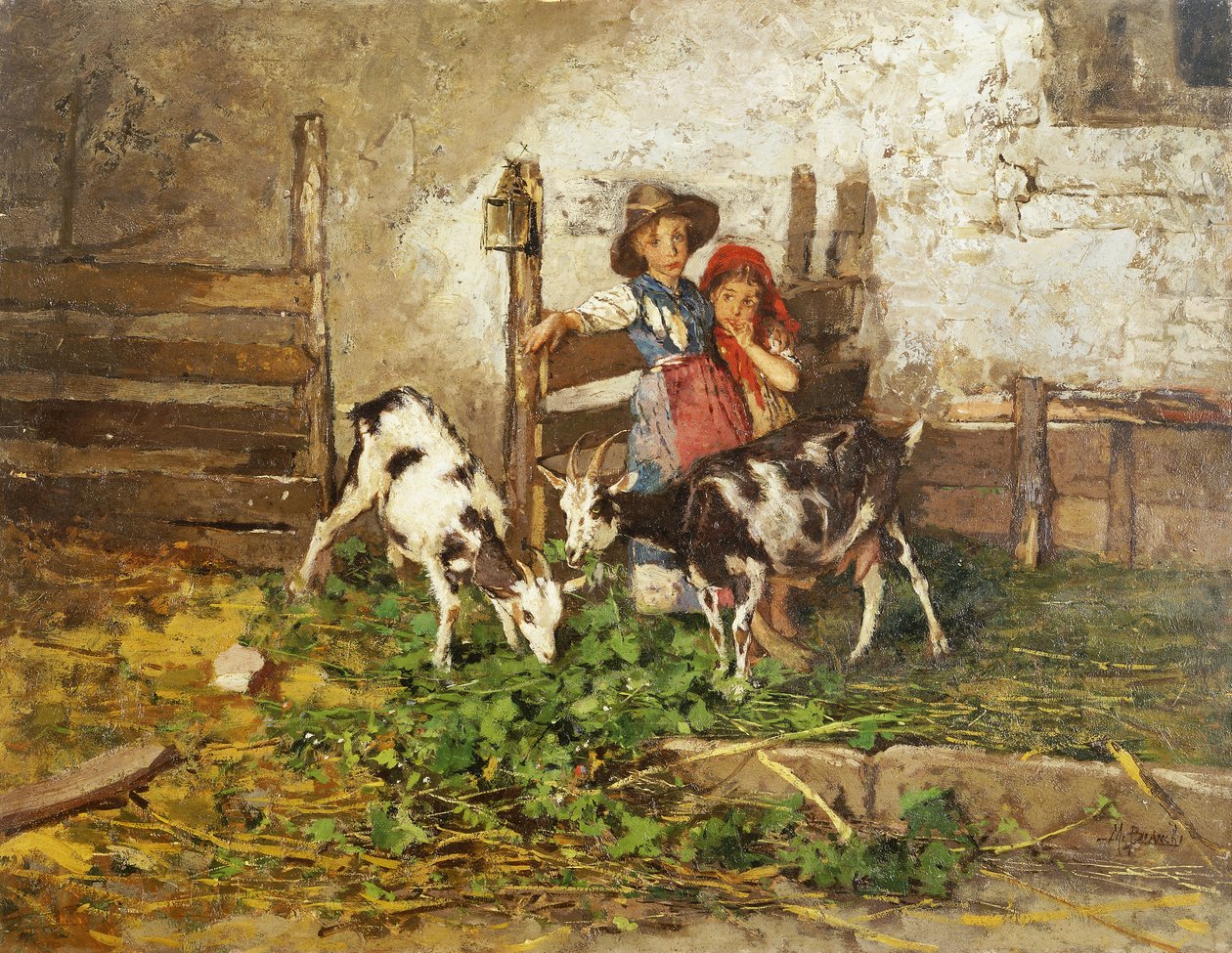 Enfants et chèvres dans une grange - Mose Bianchi