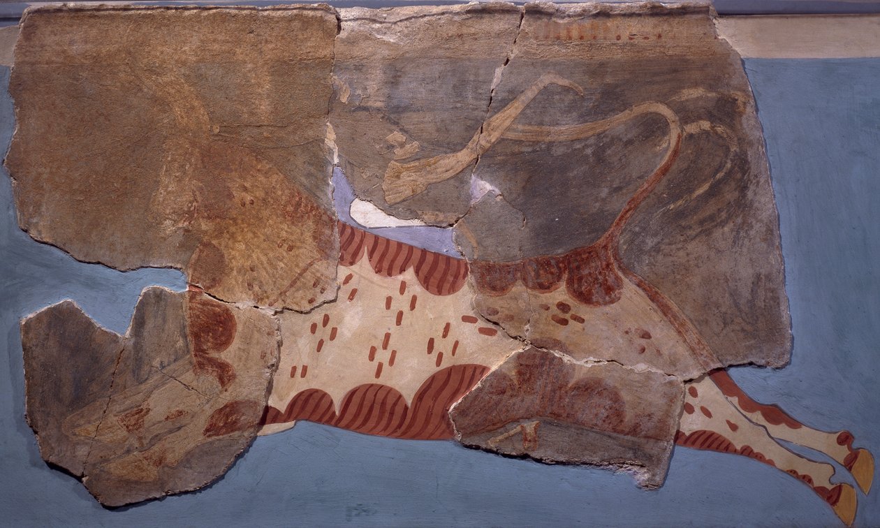 Scène de tauromachie, fresque du palais de Tirinto, civilisation mycénienne - Mycenaean