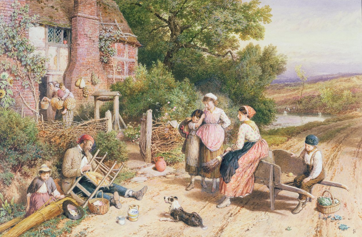 Réparateur de chaises itinérant et colporteur avec paniers près de Witley, Surrey - Myles Birket Foster