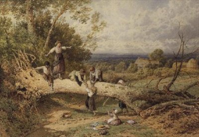 Enfants jouant sur un arbre tombé - Myles Birket Foster