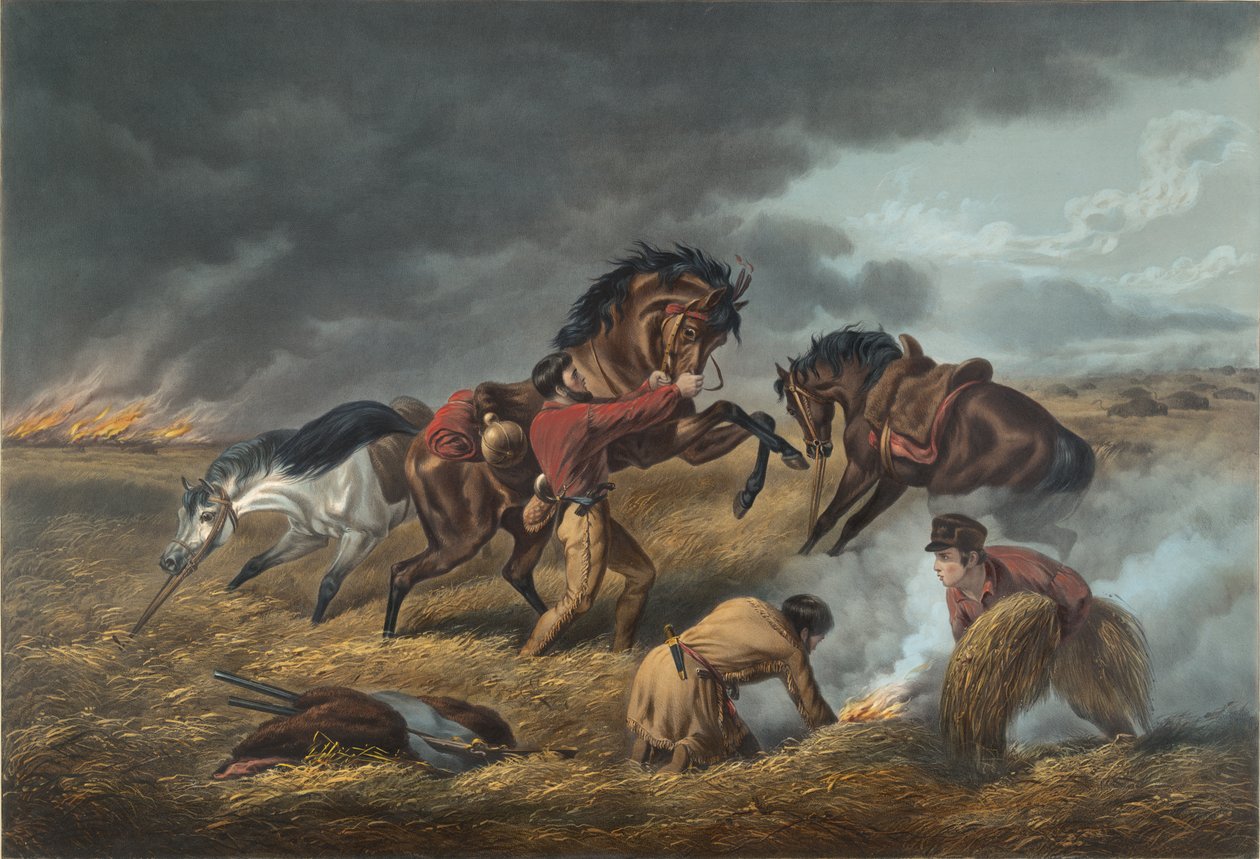 La vie dans la prairie : La défense des trappeurs, « Le feu combat le feu », 1862 - N. and Ives, J.M. Currier