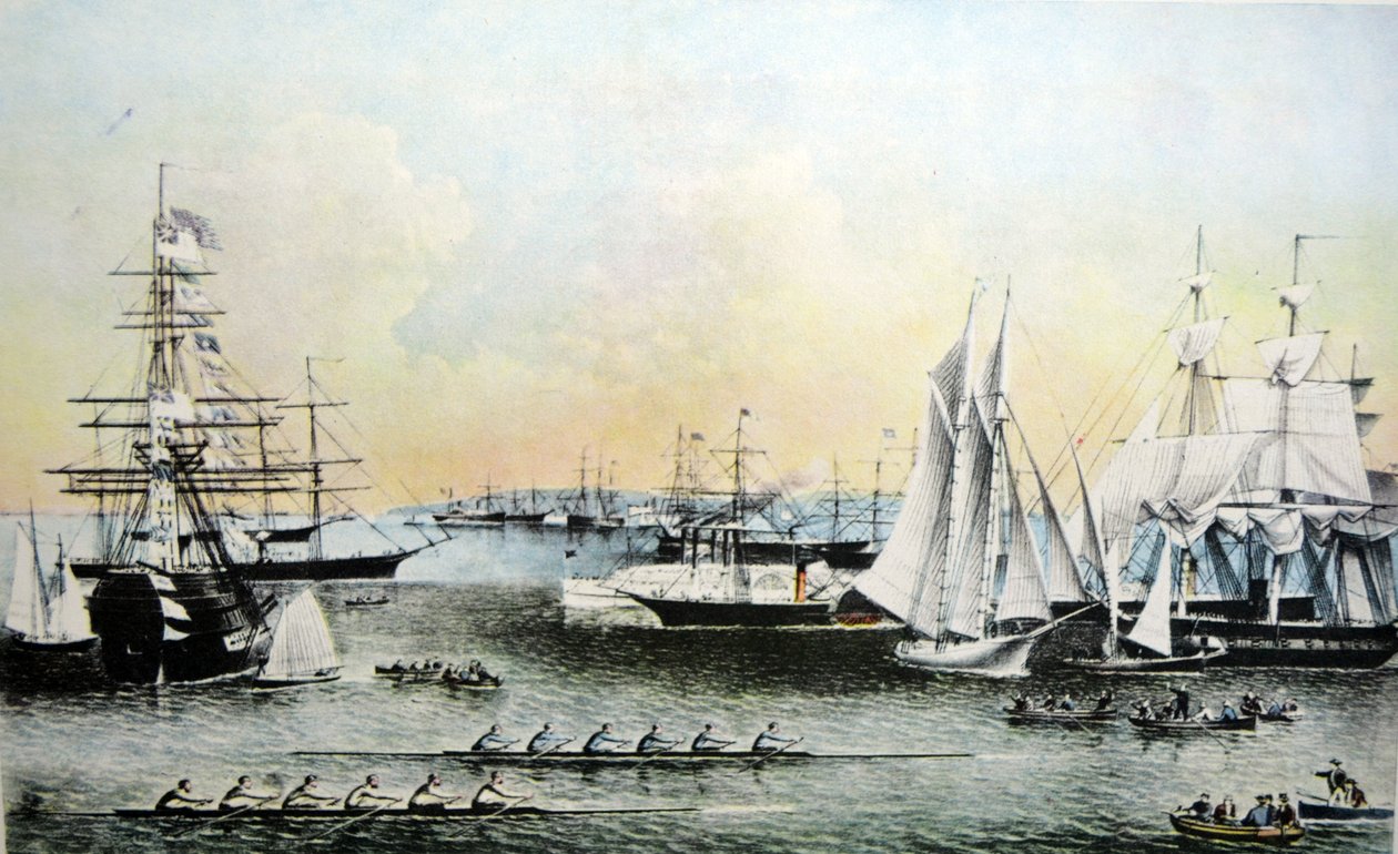 Illustration de Currier & Ives du 19ème siècle. Scènes estivales de navires dans le port de New York - N. and Ives, J.M. Currier