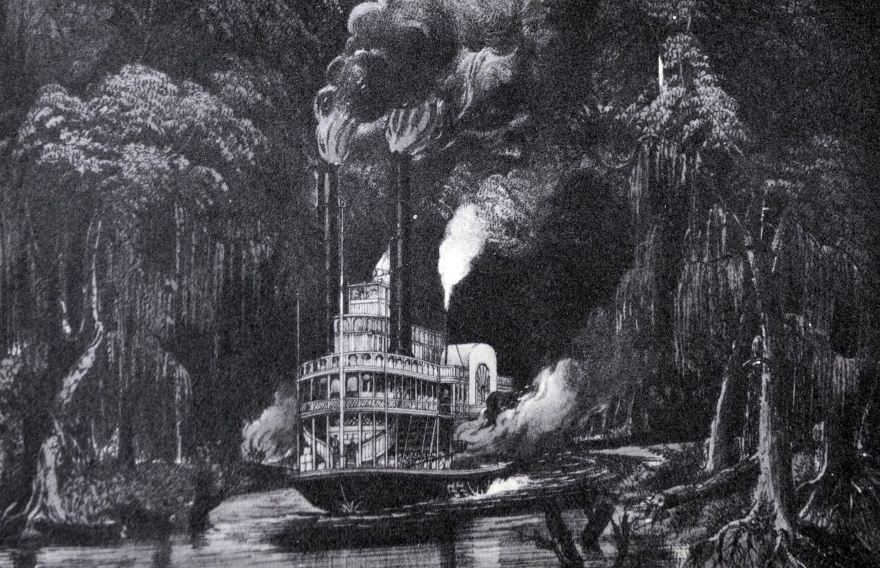 À travers le bayou à la lumière des torches - N. and Ives, J.M. Currier