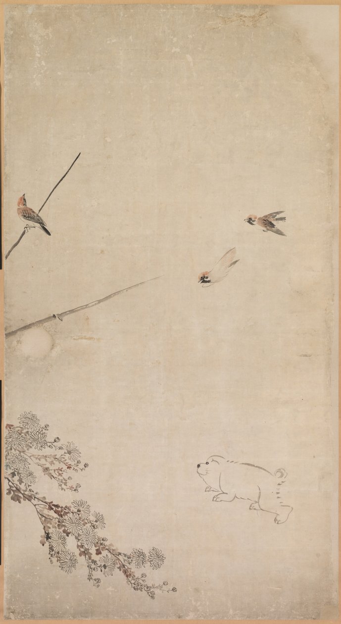 Chiots, Moineaux et Chrysanthèmes - Nagasawa Rosetsu