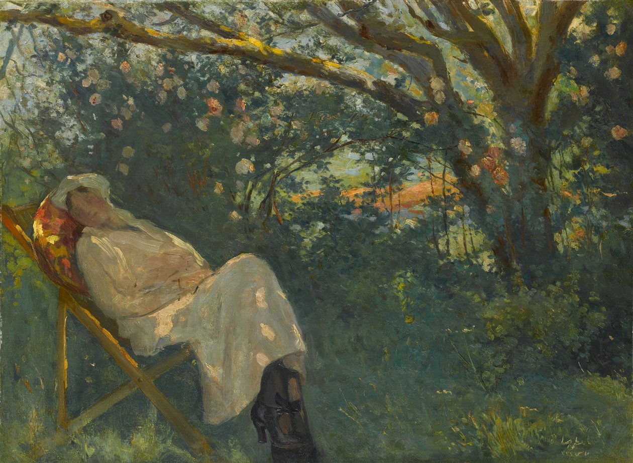 Femme en rose sur une chaise longue - Nazmi Ziya Güran