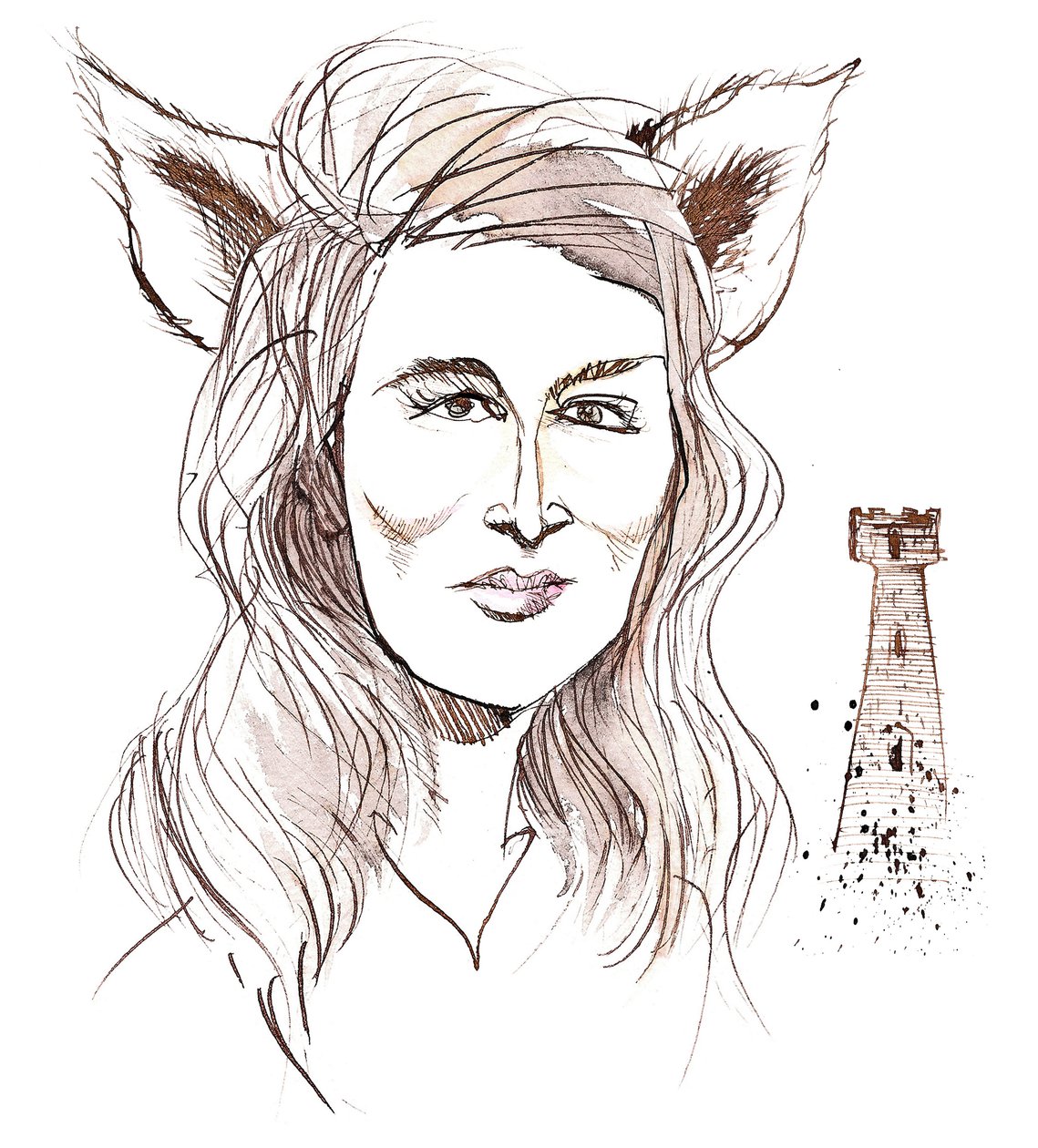 Angela Carter, romancière et journaliste anglaise; caricaturée avec des oreilles de loup en référence à son histoire The Company of Wolves du livre The Bloody Chamber (1979) - Neale Osborne