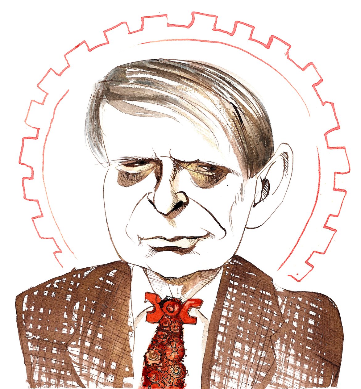 Anthony Burgess, romancier, critique, poète, dramaturge, traducteur et compositeur anglais; caricaturé avec une cravate orange mécanique, en référence à sa nouvelle A Clockwork Orange (1962) - Neale Osborne