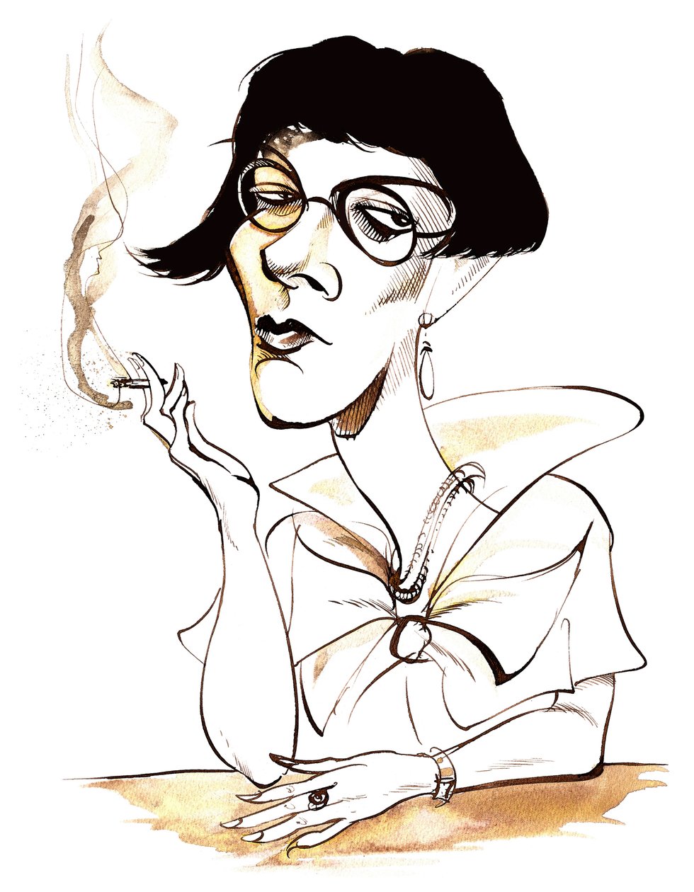 Sylvia Townsend Warner - caricature tenant une cigarette - Neale Osborne