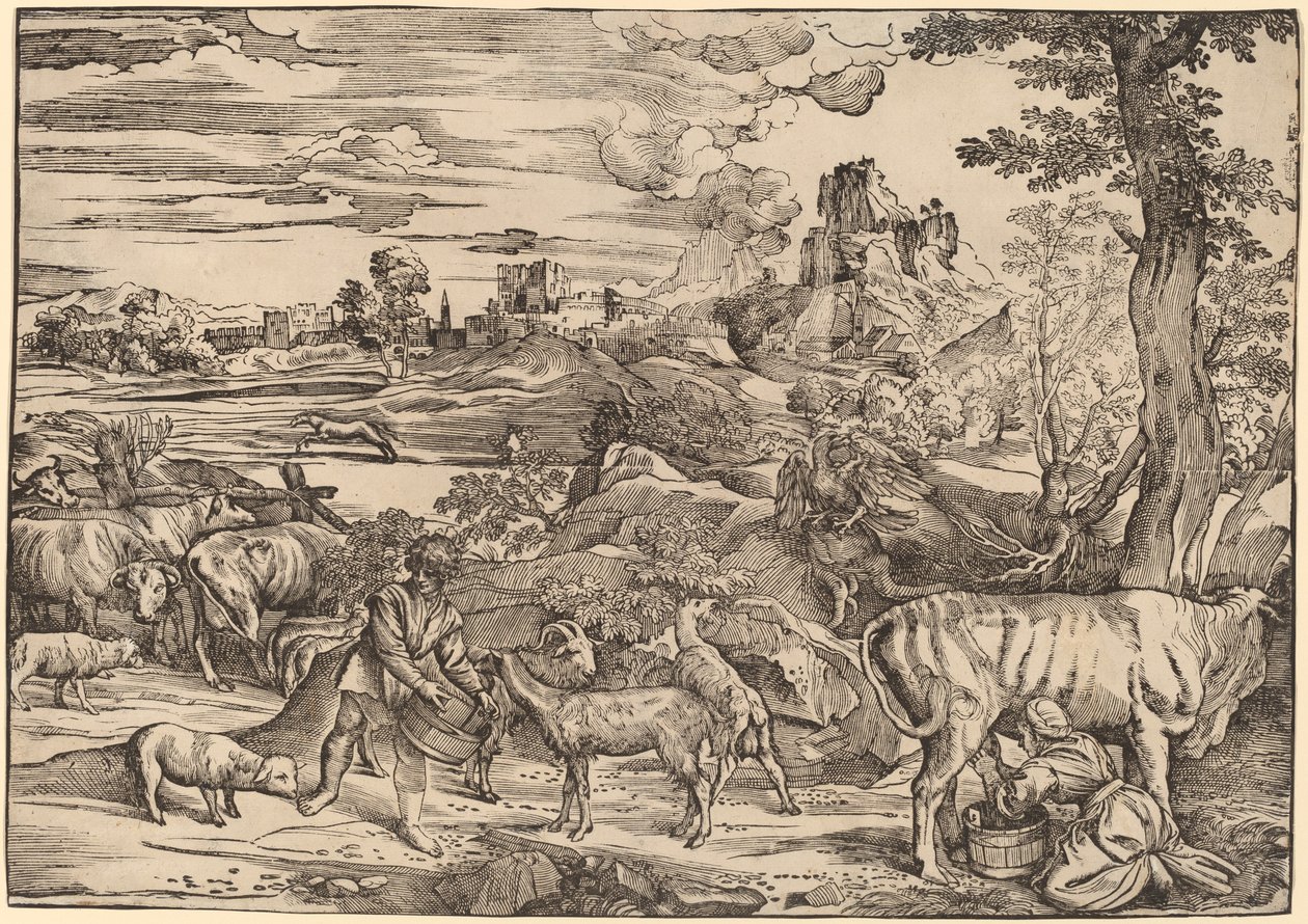 Paysage avec une laitière - Niccolò Boldrini after Titian