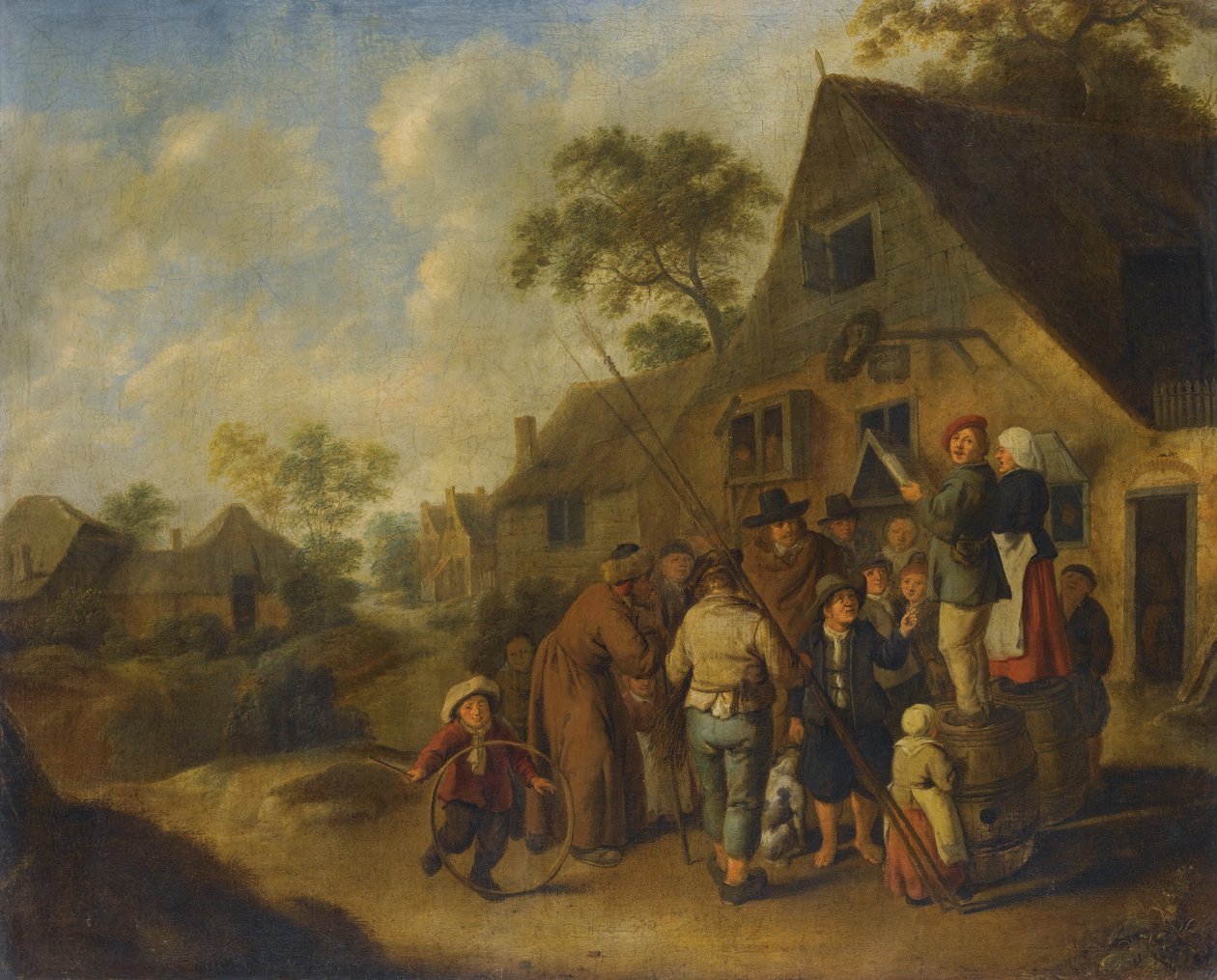 Figures proclamant les nouvelles sur des tonneaux devant une auberge par Jan Miense Molenaer - Nicolaes Molenaer